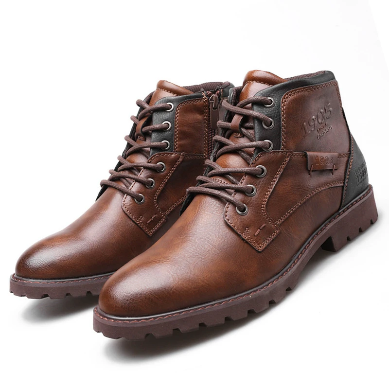 Mens Fashion Combat Boots - جلد الرجال حذاء من الجلد حجم