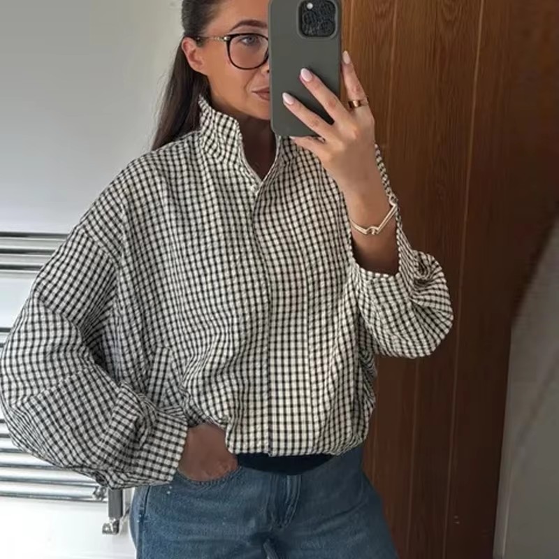 Varsity Jacket Letterman - جاكيت بومبر نسائي كاروهات بقصة قصيرة،