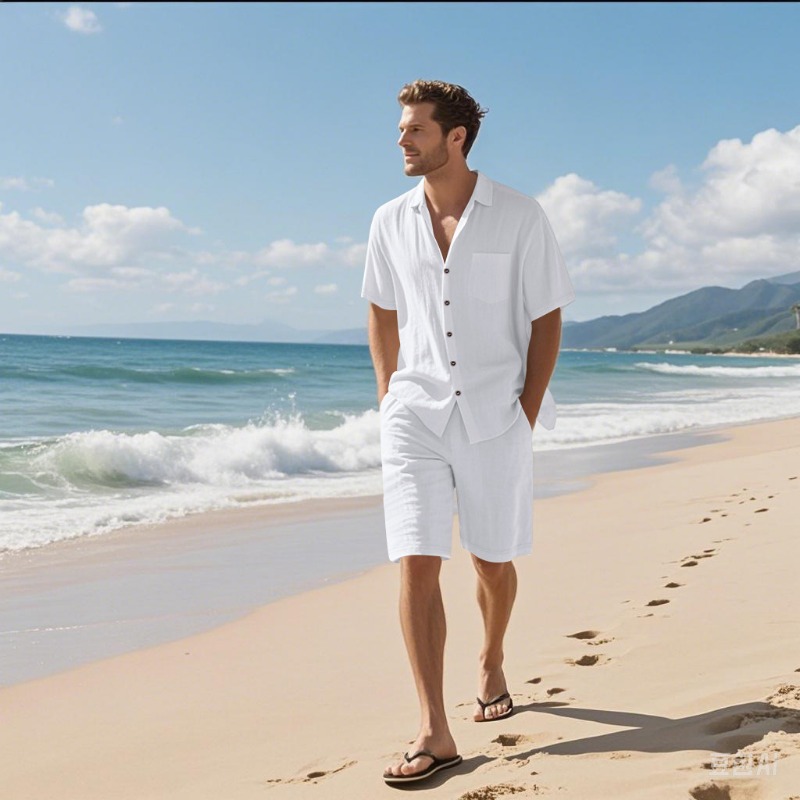Linen Shirt Summer - طقم قميص وشورت رجالي من مزيج