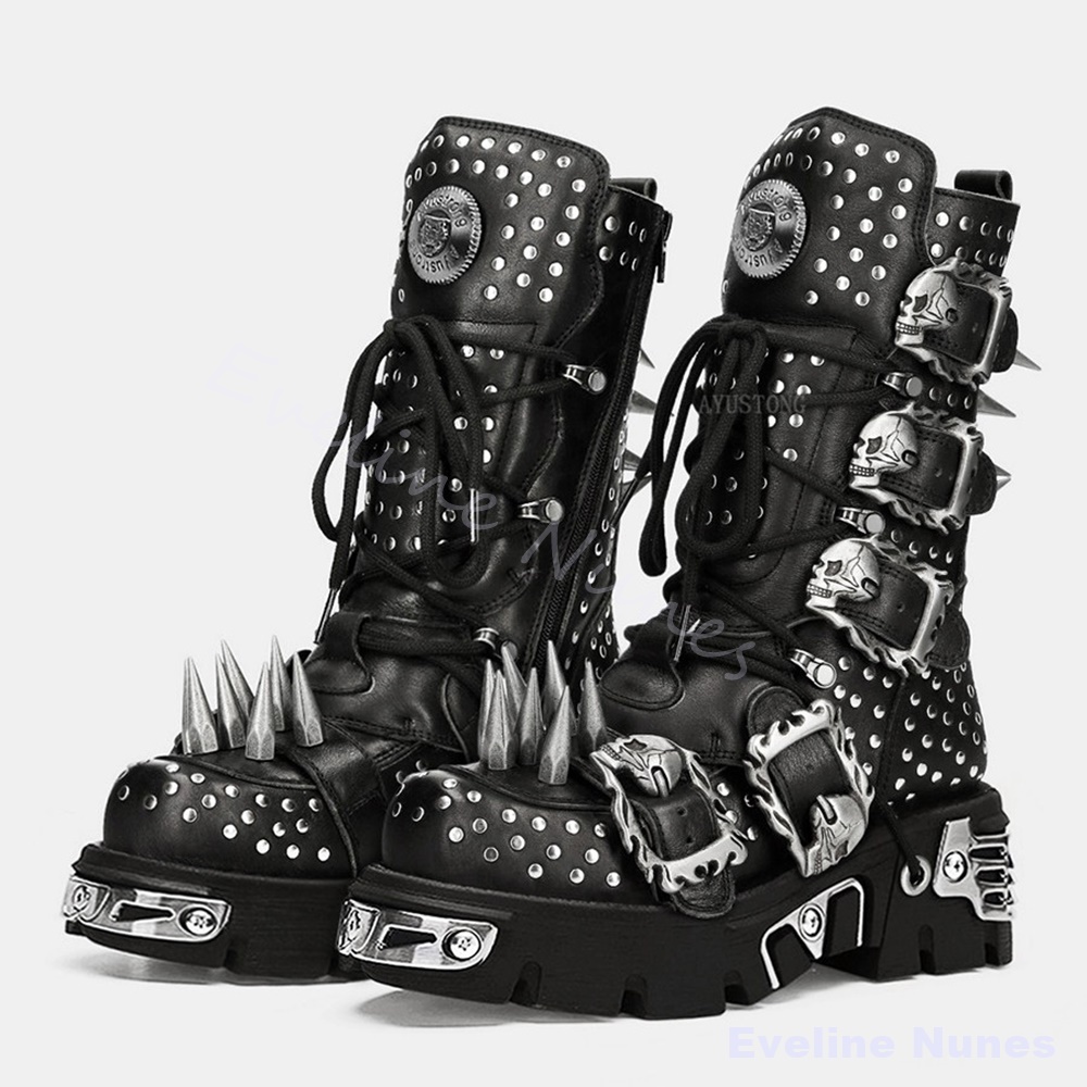 Mens Fashion Combat Boots - أحذية هالوين القوطية للرجال بطول منتصف