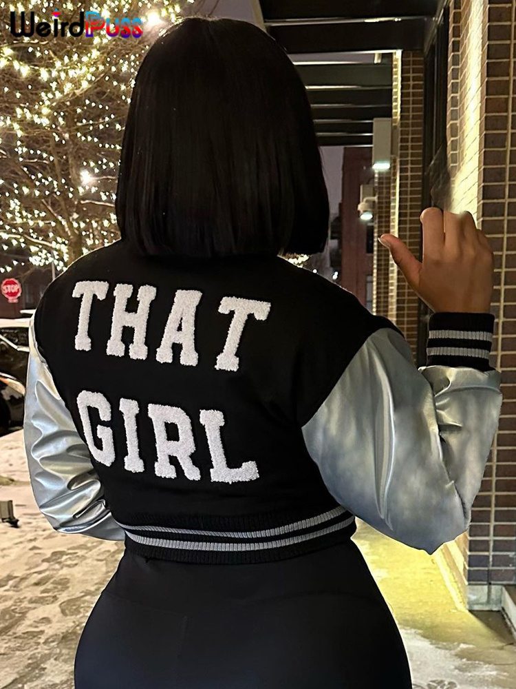 Varsity Jacket Letterman - سترة قصيرة بأحرف منفوشة وغريبة للنساء