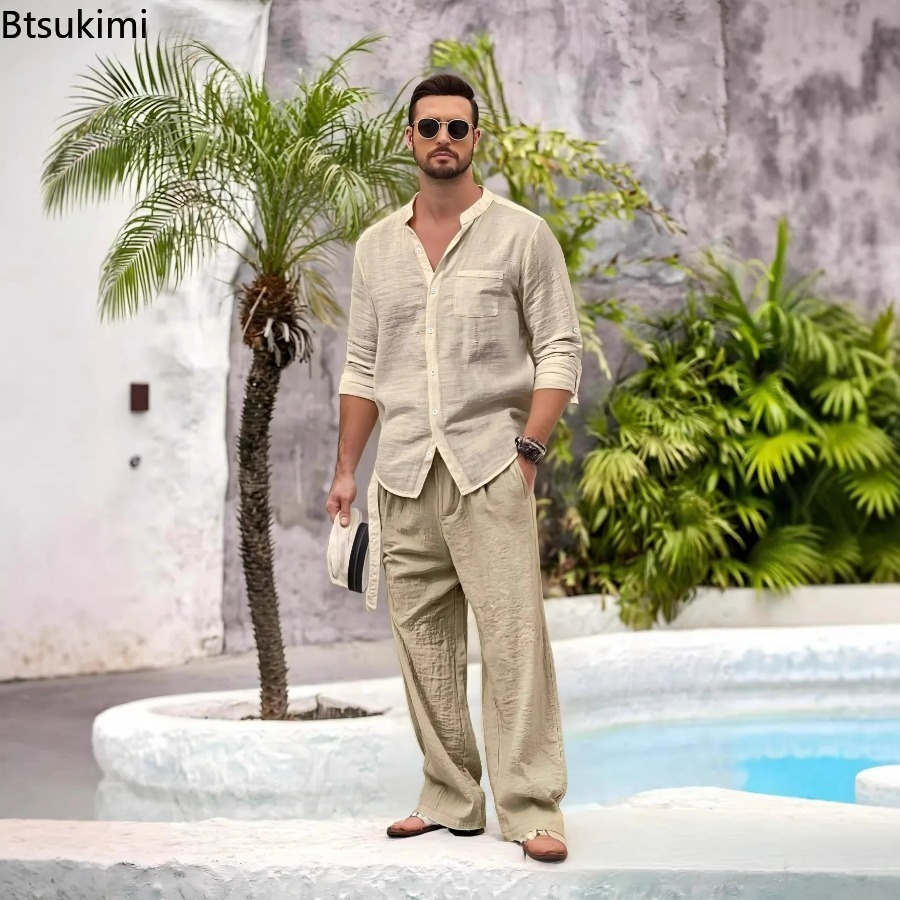 Linen Shirt Summer - طقم رجالي جديد من قطعتين من