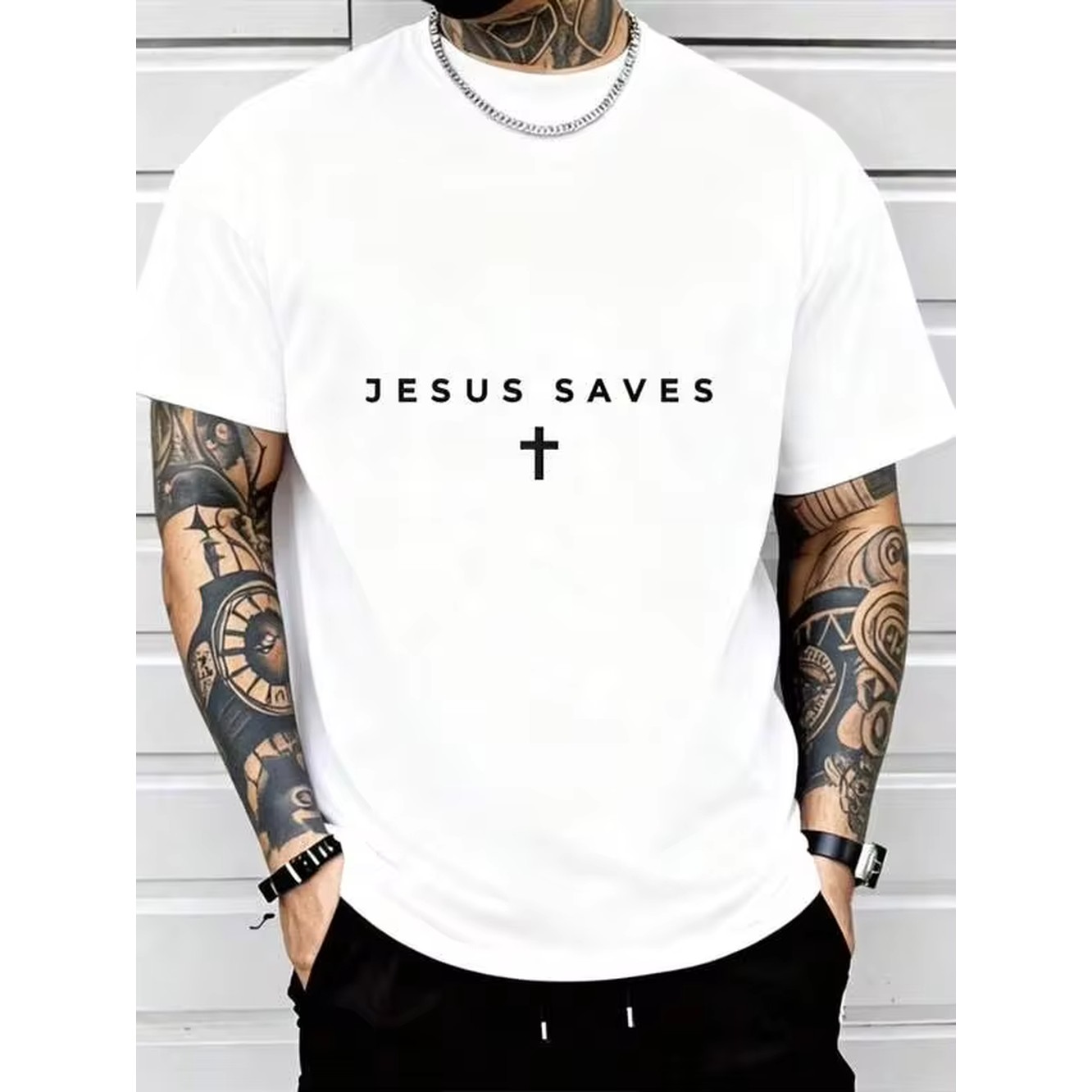 Men'S Fashion Oversized T Shirt - تي شيرت رجالي قطني بياقة دائرية
