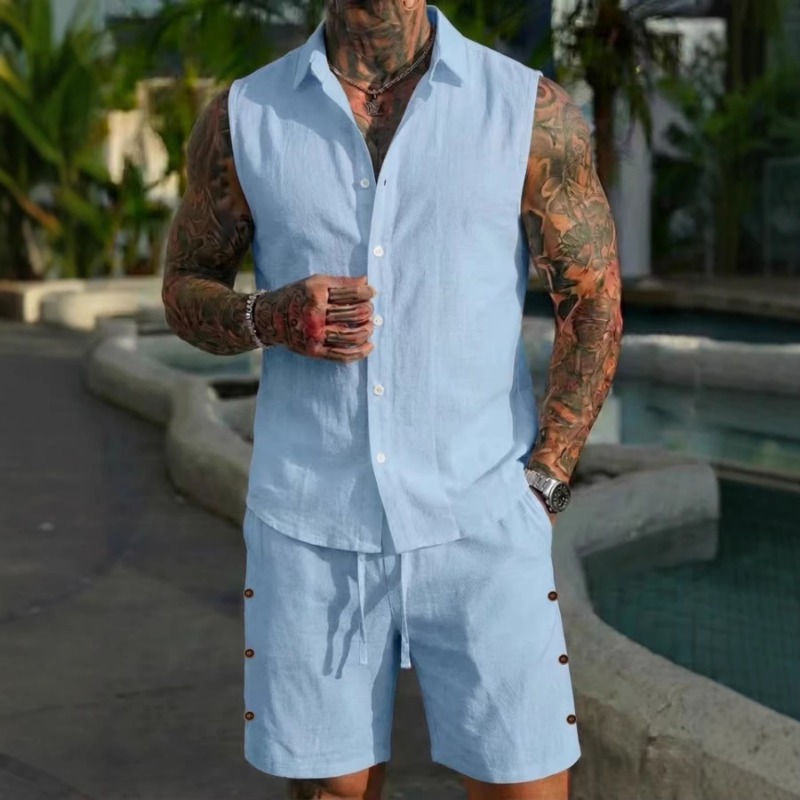 طقم رجالي من قطعتين بنسيج كتان - مراجعة Linen Shirt Summer وسعره