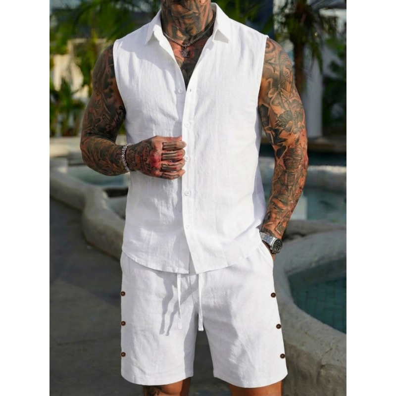 طقم رجالي من قطعتين بنسيج كتان - مراجعة Linen Shirt Summer وسعره