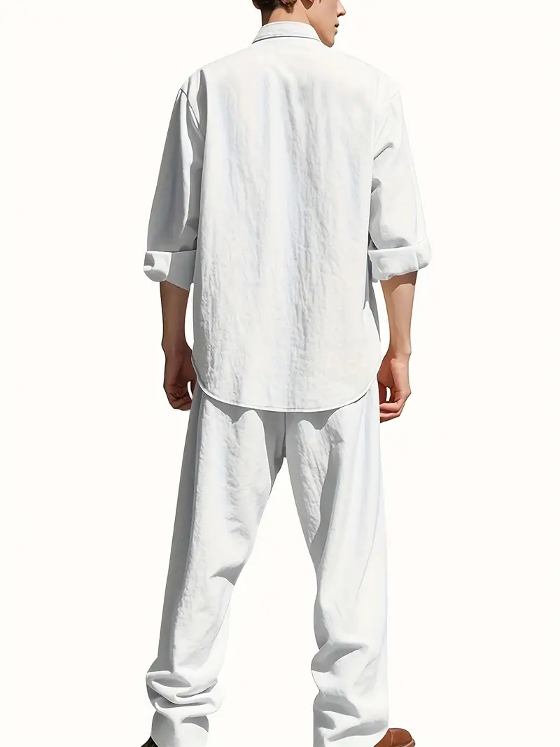 طقم بدلة كتان أبيض للرجال، قمي - مراجعة Linen Shirt Summer وسعره