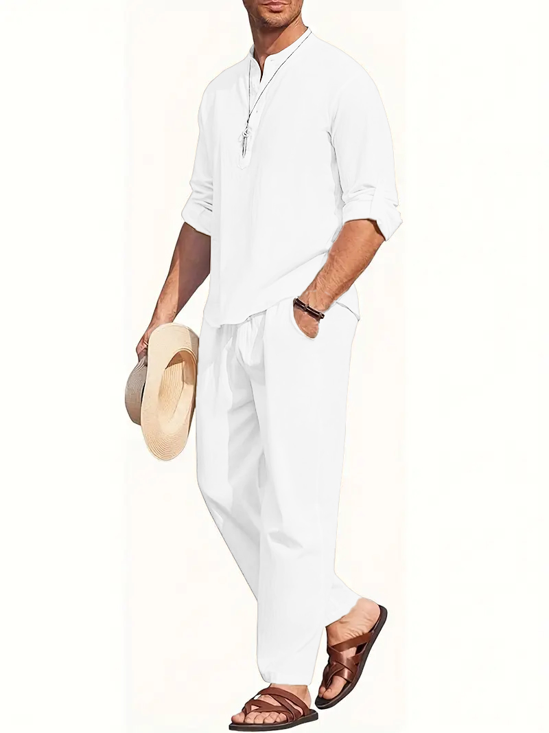 طقم بدلة كتان أبيض للرجال، قمي - مراجعة Linen Shirt Summer وسعره