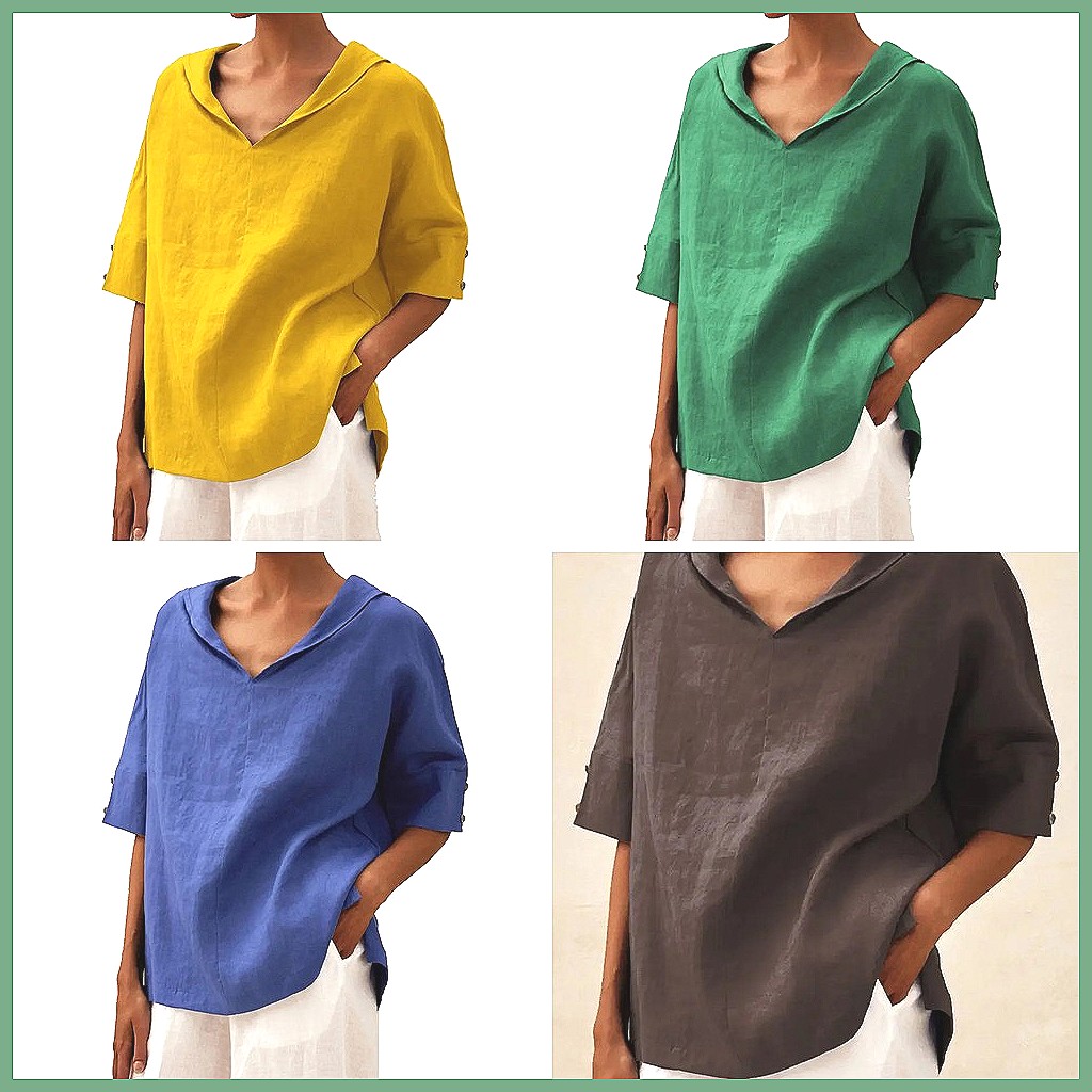 قميص نسائي فضفاض بياقة على شكل - مراجعة Linen Shirt Summer وسعره
