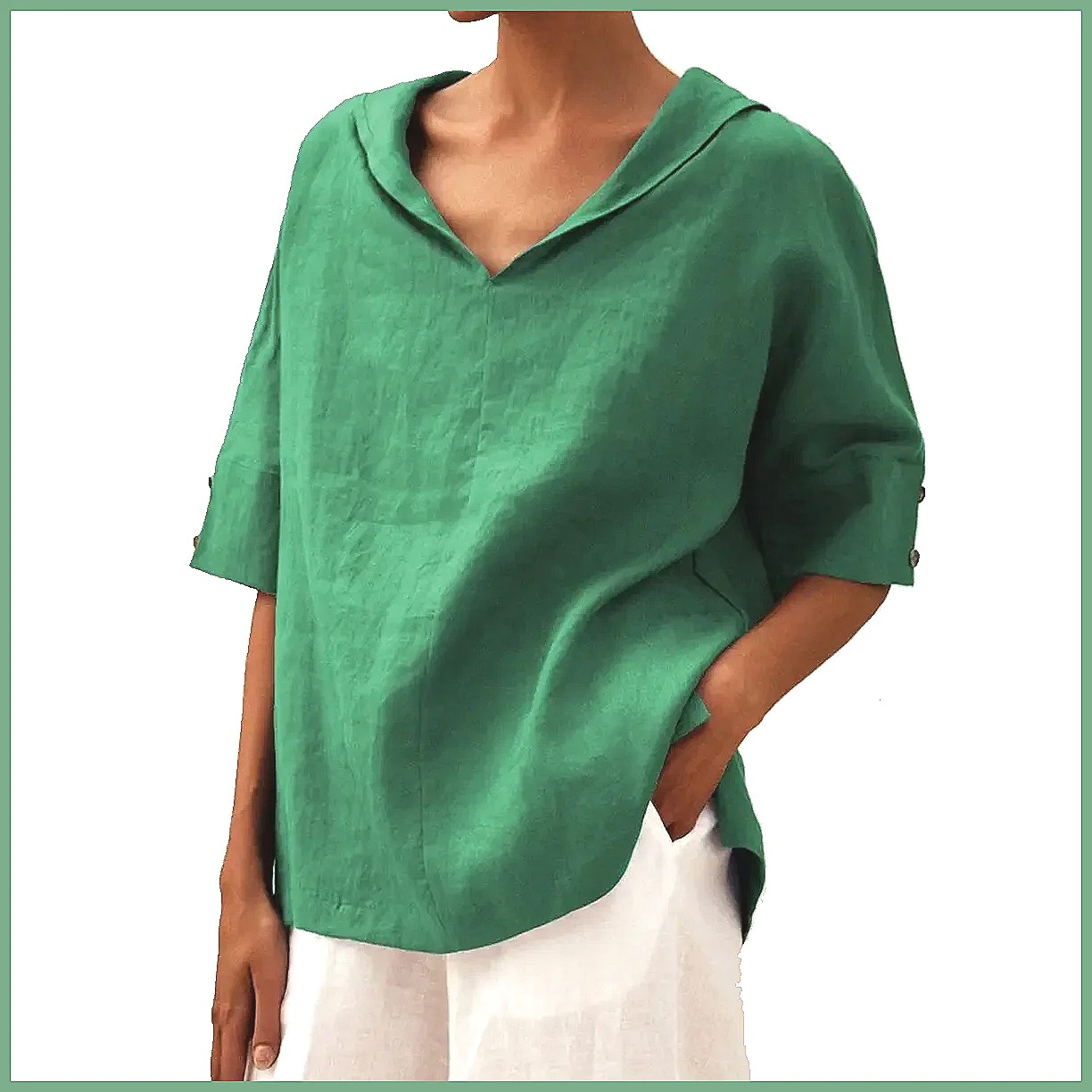 قميص نسائي فضفاض بياقة على شكل - مراجعة Linen Shirt Summer وسعره